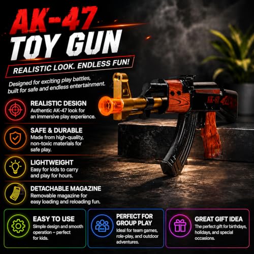 Image of Wishkey AK-47 Toy Gun for Kids with Light & Sound, Battery Operated Assault Rifle Toy, Realistic Pretend Play Gun with LED Lights & Music, Role Play Gift for Boys & Girls Age 3+ Years