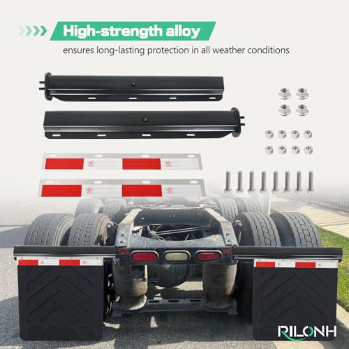 Image of Black Straight Spring Loaded Mud Flap Hanger Bracket Set 1-1 /8 inch Bolt Spacing 30 inch Length Fit with Aluminum Reflective Tapes for Semi Trucks, 2 Pcs