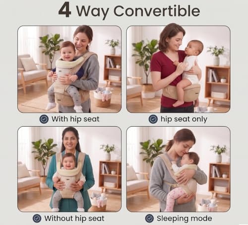 Image of GOLDEN BEE Baby Carrier with 4 Carry Positions, Adjustable Hip Seat Belt, Hip Seat Baby Carrier Bag 4 to 36 Months Baby, New-Born to Toddler Carrier, Ergonomic Baby Carry Bag up to 20kg (Beige)