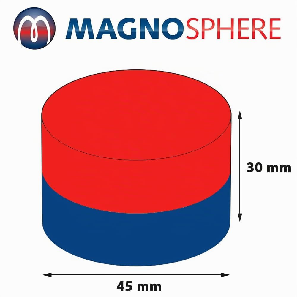 Scheibenmagnet Neodym Magnet-Scheibe Extra Stark - Haftkraft bis 750kg - Starke Rundmagnete - Runde NdFeB Magnete, Größe: Ø 45x30 mm | 86kg Haftkraft