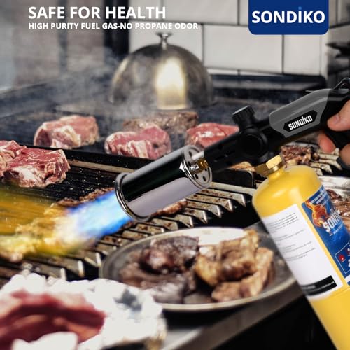Image of Sondiko Propane Torch with Pre-Filled Cylinder, Powerful Propane Torch Head L8010, Sous Vide, Adjustable Campfire Starter with Standard Propane Fuel Cylinder for Searing Steak, BBQ, Welding