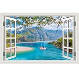 Fake Window Wall Sticker Forest Mountain Trees Lake Faux Window Poster Decals Picture Open Office Wall Art Decor, Stick and Peel Natural Scenery Scene Mural 48'x32',Set of 2 Sheets