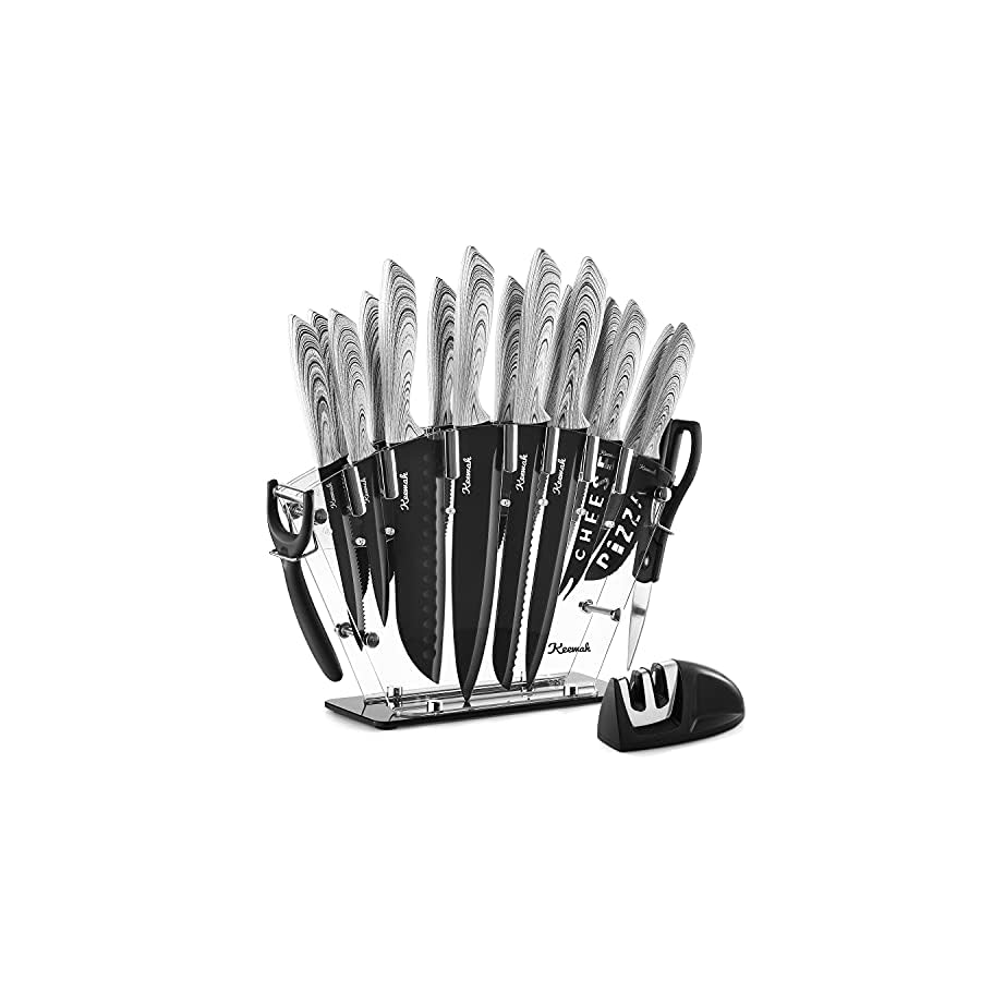 Keewah-19-Pieces-Kitchen-Knife-Set-15-Stainless-Steel-Knives-with-Wood-Texture-Handle-Acrylic-Stand-Scissors-Peeler-and-Knife-Sharpener Keewah 19 Pieces Kitchen Knife Set, 15 Stainless Steel Knives with Wood Texture Handle, Acrylic Stand, Scissors, Peeler and Knife Sharpener
