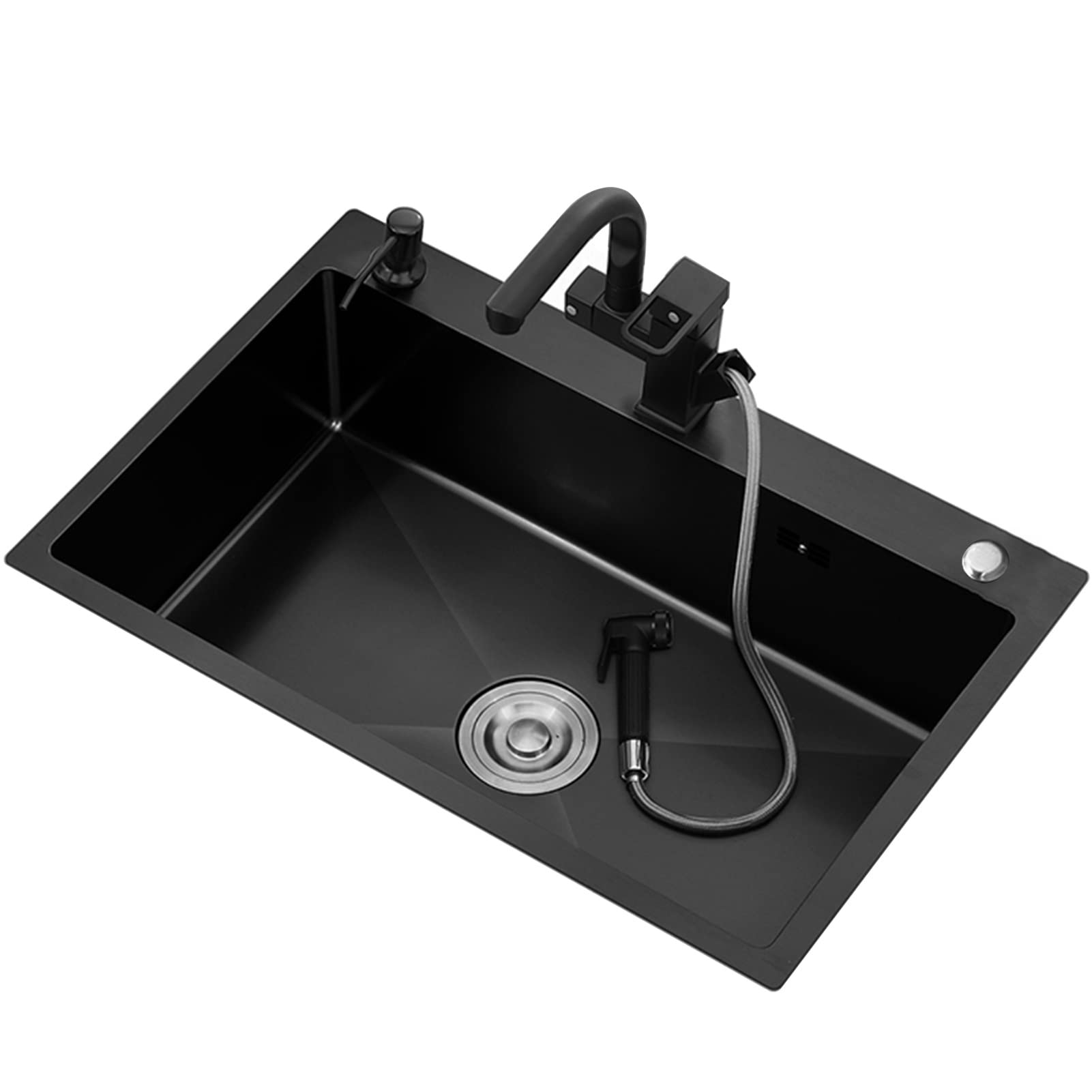 LMYSXAOZ 304 Stainless Steel Kitchen Sink Black Single Bowl Bar with Pull Out Faucet and Drainage Kit Top Mount Or Undermount (Black 72x45x22cm)
