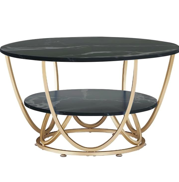 Image of Round Coffee Table Modern Sofa Side End Table for Living Room Center Table with 2 Shelf Storage Wooden Marble Print Tabletop Gold Black