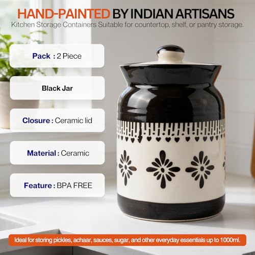 Image of Black Jhalar Ceramic Handglazed Pickle Jars Set of 2-1000 ML Each | 1 kg Achaar Martban Barni Jar with Lid | Ceramic Storage Jar Container Pickle /Achar, Chatney