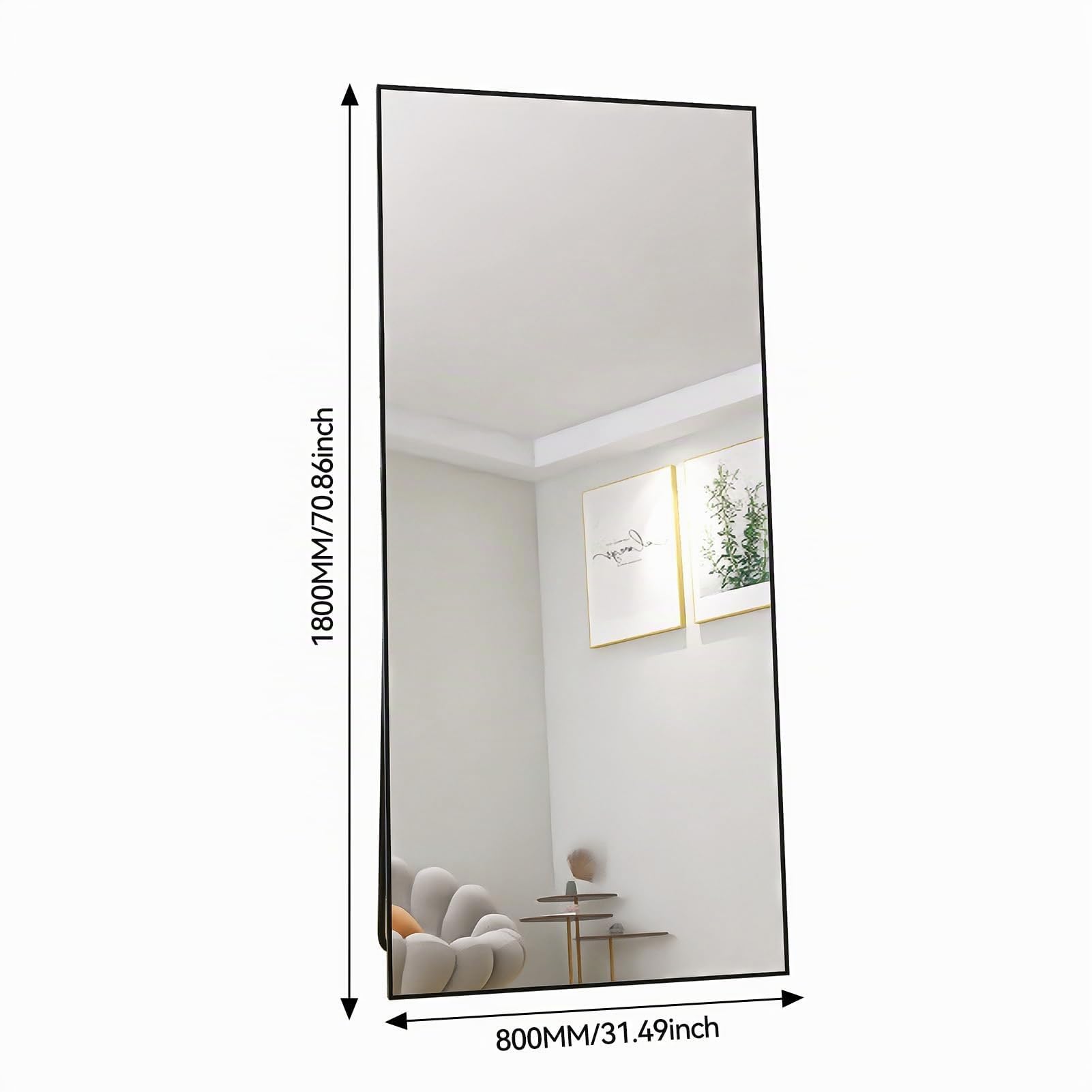 KeepGoon Specchio da pavimento, 180 x 80 W, grande specchio per il corpo, cornice in alluminio, specchio cosmetico rettangolare, grande HD, perfetto per soggiorno, camera da letto, spogliatoio (nero)