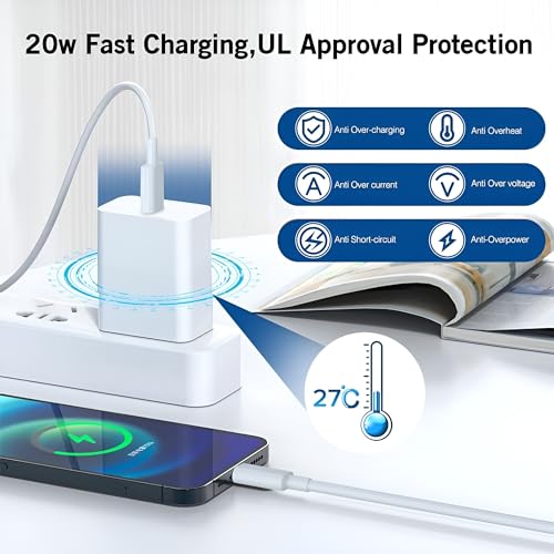 Image of 20W USB-C Charger for iPhone 15 /15 Plus /15 Pro /15 Pro Max, iPad Pro /Air /Mini, Fast Charging Adapter with 3ft Braided Cable, White, Type-C Power Adapter for Rapid Charge, White