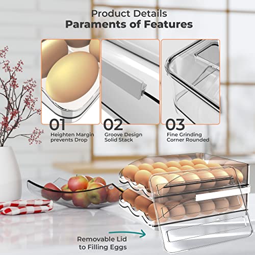Ezorg Egg Container For Refrigerator -36 Eggs Organizer With Lid -2 Layers Holder Designed For Large And Extra Large Eggs -Stackable Convenient Egg Storage Tray -Transparent And Self Rolling Design #TOP3