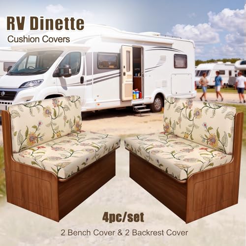Image of SearchI RV Dinette Cushion Covers, Stretch Camper Cushion Slipcovers for Travel Trailer Couch RV Booth Seat, Replacement Camper Sofa Chair Protector (2 Backrest Cover & 2 Bench Cover, Yellow+Flower)