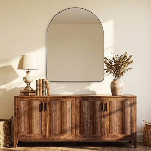 Image of ANDY STAR Arched Mirror, 28 x 36 Inch Brushed Nickel Wall Mirror in Stainless Steel Metal Frame, Arch Top Rounded Corner 1 Inch Deep Set Design Wall Mount Hangs Vertical