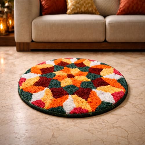 Image of Rangoli (60x60 cm) Super Soft Microfiber Decorative Mat Anti-Skid Door Mats for Home /Bathroom Mat /Bedroom /Kitchen /Floor Mat (Green & Orange)