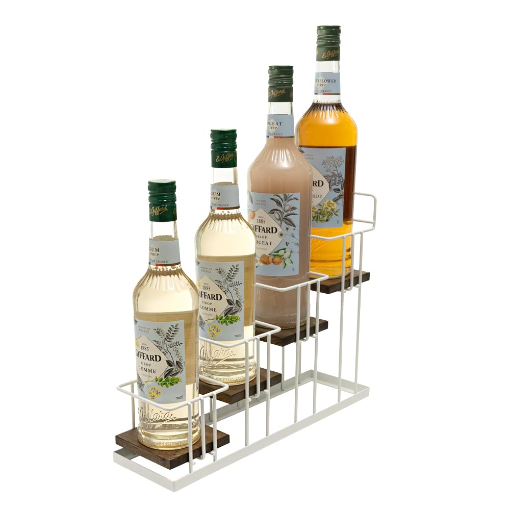 J JACKCUBE DESIGN Syrup Bottle Holder Rack, Rustic Wood and White Metal Wire 4 Tier Syrup, Wine, Dressing Bottle Countertop Display Storage Stand for