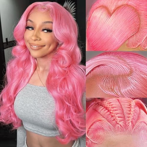 Pink Lace Front Wig Human Hair 13x4 Body Wave 200 Density HD Lace Front Wigs Human Hair Pre Plucked with Baby Hair Pink Colored Lace Frontal Glueless Wigs for Women 20 Inch