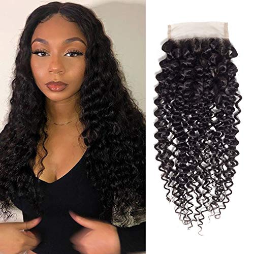 Brazilian Virgin Curly Lace Closure 4x4 Free Part 100% Unprocessed Virgin Human Hair Curly Lace Closure Natural Black by Msjoli (12 inch, Closure)