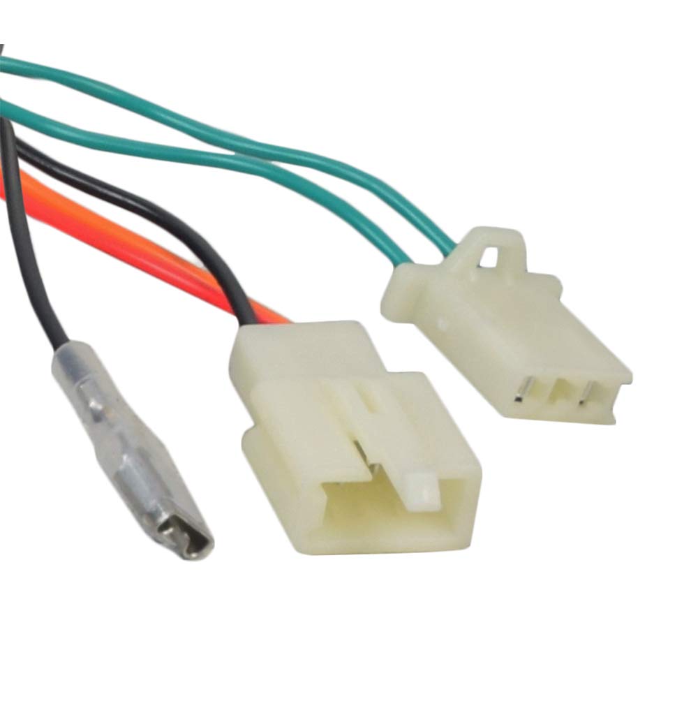 Close-up image of three specific connectors from the controller's wiring harness, featuring green, orange, and black wires.