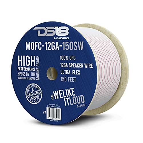 DS18 MOFC12GA150SW Marine Speaker Wire 150 Ft 12-GA - Tinned OFC 100% Copper - Marine Grade White & Red Speaker Cable UltraFlex - Great Wire for Marine, Outdoor and Automotive Sound Systems