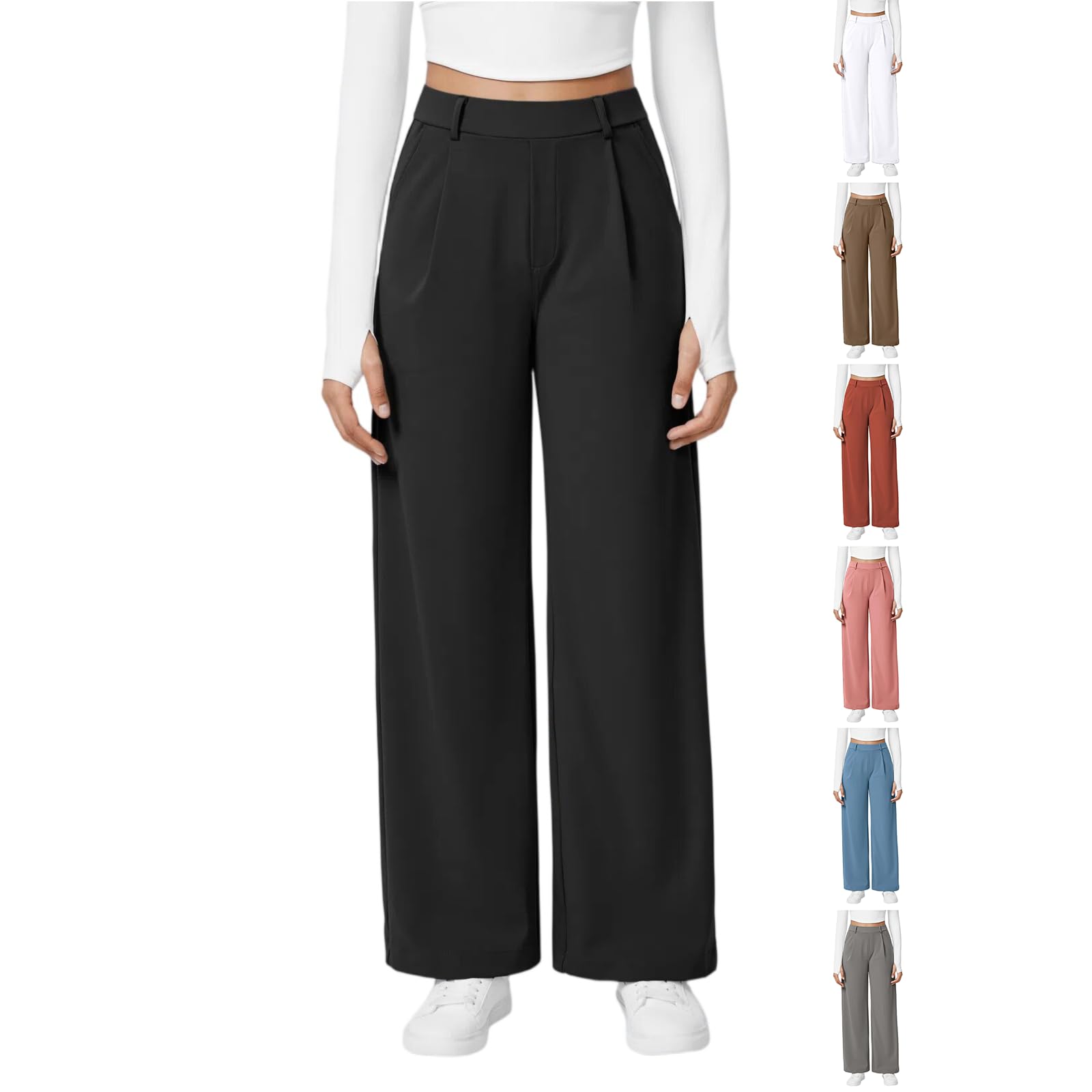 Wide Leg Dress Pants for Women Pleated Front High Waisted Baggy Pants Straight Leg Business Casual Slacks with