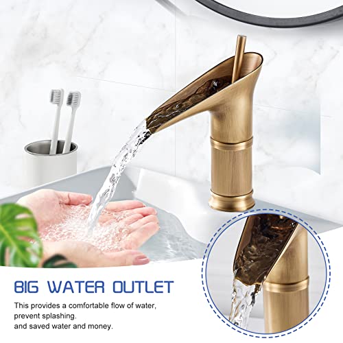 ROWINNAO Wasserfall Wasserhahn Bad Antik Messing, Kurz Waschtischarmatur Bad Retro Gold, Einhebel Badarmatur Mischbatterie Waschbecken Kaltes und Heißes aus Messing, Waschbeckenarmatur G 3/8”