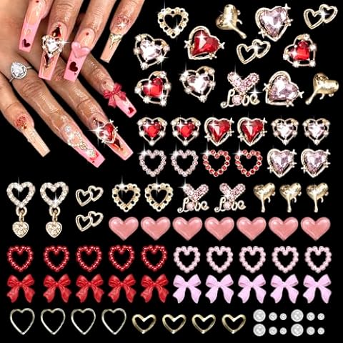220 Pcs Valentines Heart Nail Charms, Heart Nail Rhinestone and Charms, Pink Red Heart Bows Nail Charm, Y2K Nail Charms Gems, Nail Pearls Gold Heart Nail Art Studs Gems for Valentine's Day Nails Art Cover