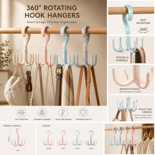 Image of Heda Multi-Function 360 Rotatable 4-Claw Hook Hangers | Space Saving Closet Organizer for Clothes, Bags & Accessories | Multicolor (4)