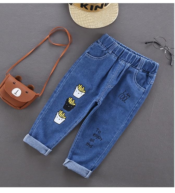 Tagas Jeans in denim stampati per ragazzi con design a toppa con cartoni animati|Pantaloni|| Jeans slim regolari per bambini ||Pantaloni rilassati |, Blu navy, 2-3 Y