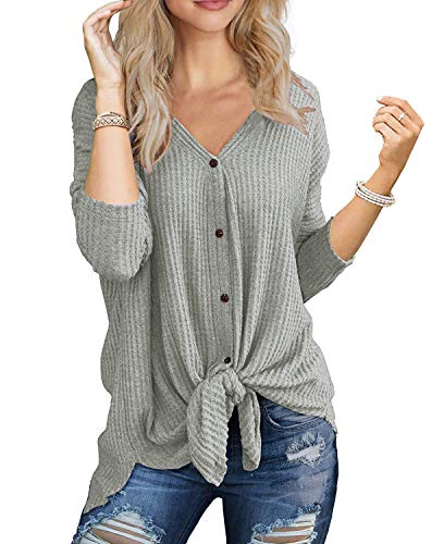 PCEAIIH Womens Long Sleeve Waffle Knit Tunic Blouse Tie Knot Henley Tops Loose Fitting Bat Wing Plain V Neck Shirts XS Gray
