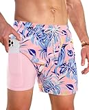 Gleeease Mens Swim Trunks 5 Inch Mens Bathing Suit 5 Inch Inseam 5 inch with Compression Liner Pockets Drawstring Quick Dry Stretch Lined Funny Beach Swimming Pool Surf Pink Parrot XX-Large