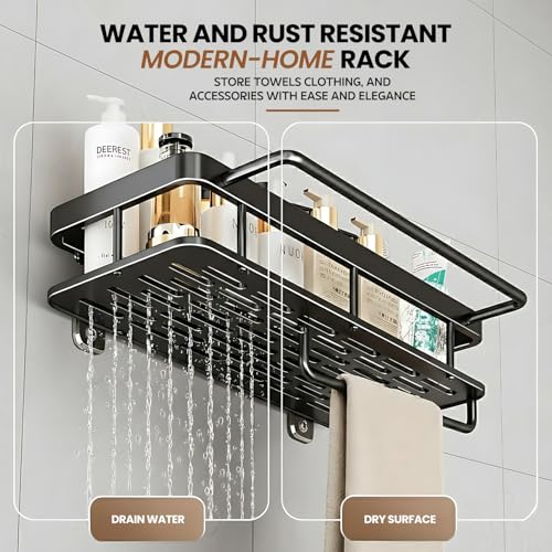 Image of amazon basics Steel Bathroom Organiser Without Drill | Bathroom Accessories & Organizer | 2 Hooks and Towel Holder | Kitchen Sink Organiser | Wall Mounted Shelves Pack of 1