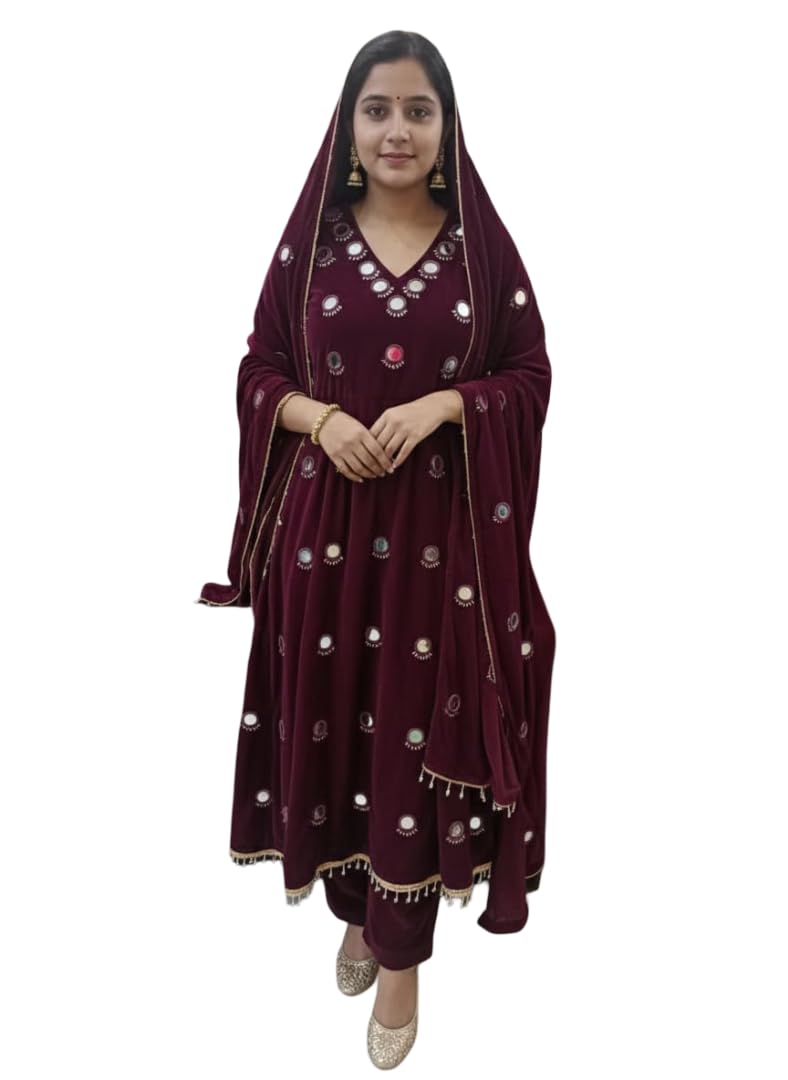 SR Fashion Galaxyy Velvet Woolen Suit Set with Mirror Work, Maroon