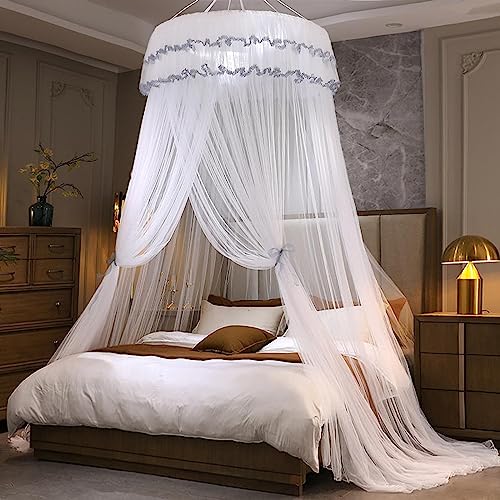 Kertnic Mosquito Net Bed Canopy for Girls, Princess Canopy Bed Curtain Fine Sheer Mesh Dome Bed Canopies, Kids & Adults Lace Tent for Twin Full Queen King Bed (White)