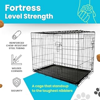 Straame Heavy-Duty Folding Dog Crate for Medium Dogs, 78 × 46 × 53 cm (30″) Black Metal Cage with Front & Side Doors, Chew-Resistant, Removable Easy-Clean Plastic Tray & Carry Handle