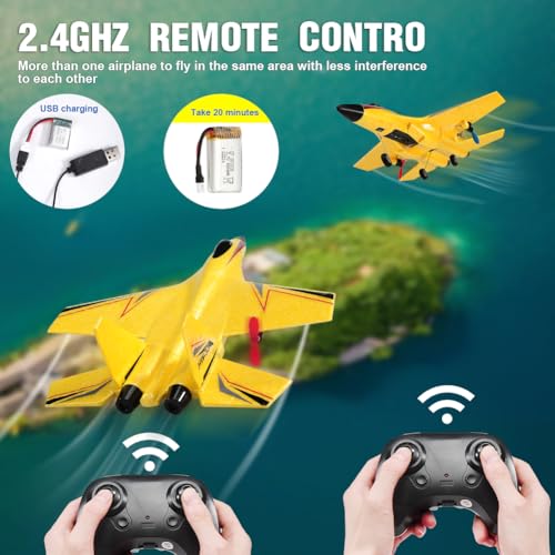 Image of SU-27 RC Airplane,2.4GHz 2 Channel Remote Control Plane with Gyro Night Lights and 2 Batteries, Easy to Fly for Adults, Beginners and Kids Yellow Toy