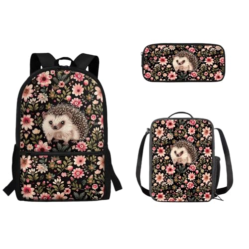 Cute Hedgehog Floral Backpack - 3PCS Personalized Bookbags for Girls Kids Kindergarten Elementary Preschool Middle School Student, Large Capacity with Lunch Box Pencil Case