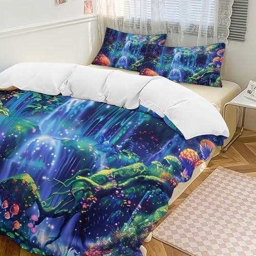 Blacklight Fantasy Forest Waterfall Nature Plant Funny 3 Piece Bedding Comforter Sets 1 Duvet Cover and 2 Pillowcases 90