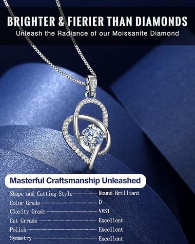 Gift for Wife from Husband, 1 Carat Heart Moissanite Necklace, 925 Sterling Silver Pendant with 2 Chains, Romantic Anniversary, Birthday, Valentine’s Day, or Wedding Gift in Elegant Box for Her - Image 3
