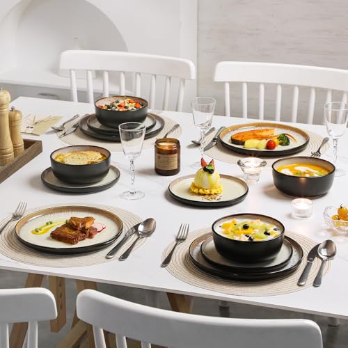 Image of vancasso Plates and Bowls Sets, 24 Pieces Stoneware Dinnerware Sets for 8, Kitchen Dish Set Mircowave and Dishwasher Safe Ceramic Dishware, Light Cream, Series AMBER