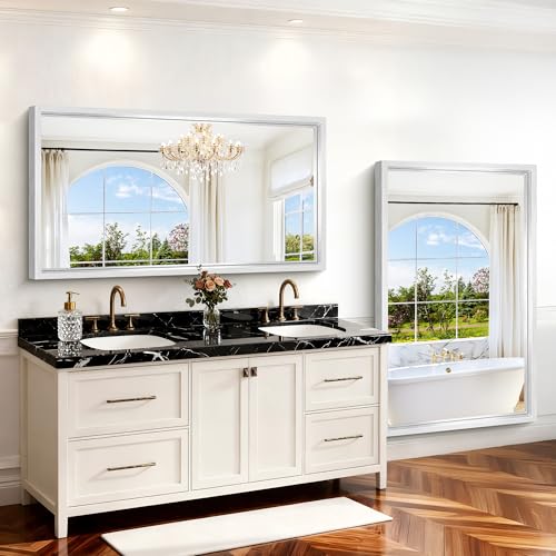 Image of 60x36 Inch Brushed Silver Bathroom Mirror, Large Rectangular Mirror for Wall, 0.6 inch Thickened Deep Frame Mirrors for Bathroom Sink, Shatterproof Tempered Glass, Antirust, Horizontally /Vertically
