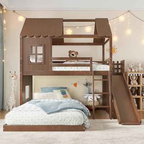Image of Bellemave Twin Over Full House Bunk Bed with Slide and Storage Shelves for Kids,Solid Wood Floor Bunk Bed Frame with Wardrobe and Inclined Ladder for Girls Boys,Deep Natural