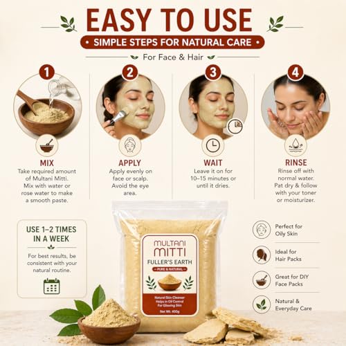 Image of Multani Mitti Powder for Face and Hair 400g, Pure Fuller's Earth Clay Face Pack
