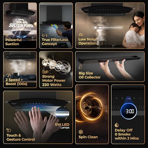 Image of Haier 60 cm 1600 m3 /hr Filterless Autoclean Kitchen Chimney Low Noise, 220W Motor, Unibody Design (Zero Weld Body), 10 Yr Motor & 4 Yr Product Warranty, Free Installation Kit, Black, HIH-G60HM-NE