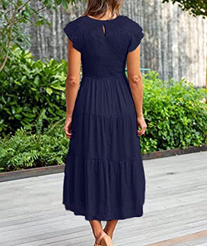 Image of Sexyshine Women's Square Neck Halter Lace Up Criss Cross Maxi Dress Tie Back Sleeveless Smocked Ruched A Line Dress