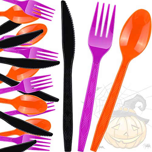 ハロウィンプラスチックカトラリーセット ハロウィンフォーク スプーンナイフ 台所用品 色付き ブラック オレンジ パープル 使い捨て食器 ハロウィン ゾンビ コスプレ トリックオアトリート パーティー用品