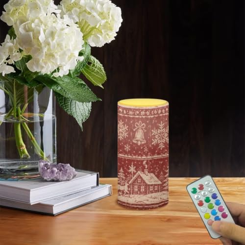 Image of Poceacles Christmas Decor Flickering Flameless LED Battery Candles Pillar Candles Tealight with 18-Key Timer Remote with Colorful Light, Christmas Landscape Print Red