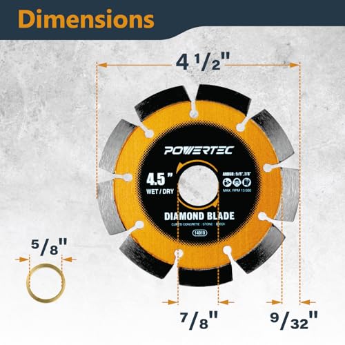 Image of POWERTEC 4-1 /2 inch Laser-Welded Segmented Diamond Saw Blade for Angle Grinder, Diamond Blade for Cutting Cured Concrete, Block, Brick, Pavers, Masonry, 4.5 inch Diamond Blades for Wet /Dry Cutting, 1PK