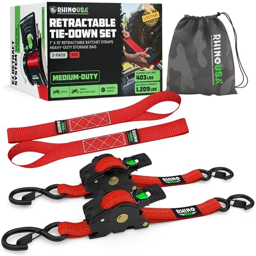 Rhino USA Retractable Ratchet Straps (2-Pack) - 1 Inch x 10 Feet (1,209lb Break Strength) - Auto Self Retracting Tie Down Straps for Truck, Cargo Trailer, Motorcycle, ATV, UTV - Red