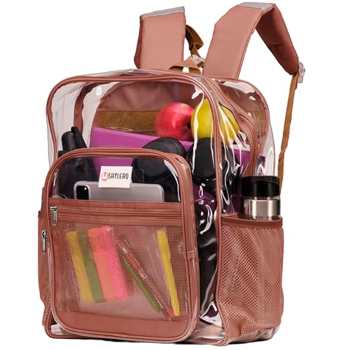 Image of SHYLERO Clear Backpack Heavy Duty has TSA Lock, 2-WAY Zipper. PVC Transparent Backpack Is Extra Large - H18''xW14''xD8 - Brown