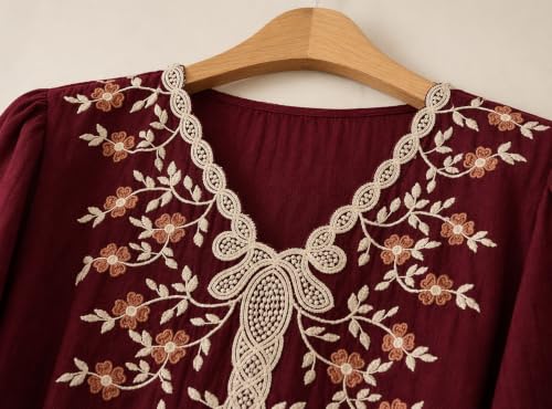 Image of RIEKA Womens Embroidered Korean Style Tunic Top, Floral Thread Work | V Neck | Puff Sleeves | Relaxed Fit Casual | Fusion Rayon Top for Every Day Styling