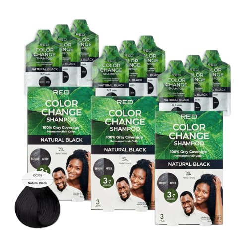 Red by Kiss Color Change Shampoo – Permanent Hair Color with 100% Gray Coverage, Quick 7-10 Minute Formula, No Tools Needed, Herbal Extracts, Includes 3 Shampoo Pouches (Natural Black, 3 Pack)