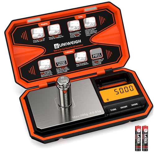 UNIWEIGH Báscula de Precisión 200g/0.01g, Balanzas de comida, pequeñas báscula de bolsillo, para Cocina, polvo, hierbas, monedas (batería incluida) Naranja